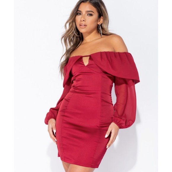 Dresses & Skirts - Burgundy Satin Silk Long Balloon Sleeve Off Shoulder Bodycon Mini Dress